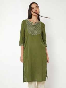 max - Women Olive Floral Embroidered Kurta