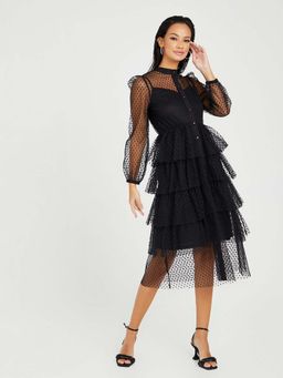 Styli - Black Long Sleeves High Neck Mesh Insert Tiered Midi Dress