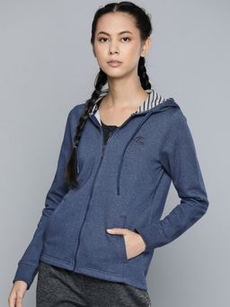 Alcis - Women Navy Blue Solid Melange Effect Hooded Sweatshirt