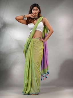 CHARUKRITI - Lime Green Cotton Handspun Soft Saree with Contrast Lilac Pallu & Unstitched Blouse
