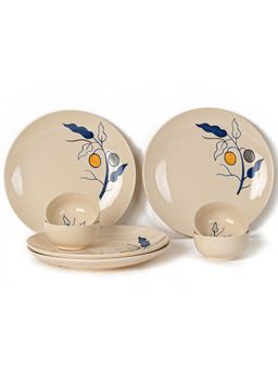 BODHI HOUSE - Feather White Handpainted 8 Pieces Dinner Set, Microwave and Dishwasher Safe
