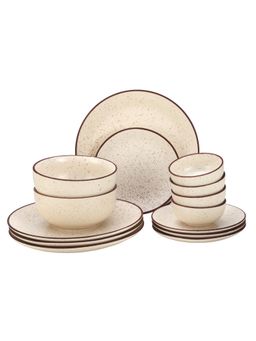 BODHI HOUSE - Beige Speckled Handcrafted 14 Pieces Dinner Set, Microwave and Dishwasher Safe