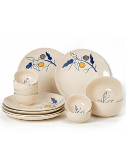 BODHI HOUSE - Feather White Handpainted 14 Pieces Dinner Set, Microwave and Dishwasher Safe