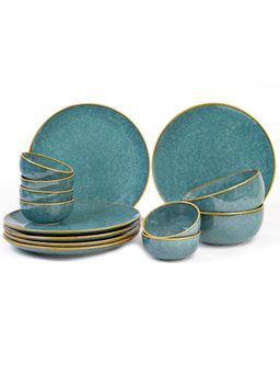 BODHI HOUSE - Ocean Green Reactive Glaze 14 Pieces Dinner Set, Microwave and Dishwasher Safe