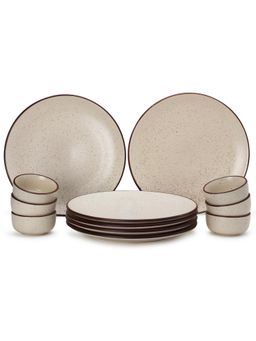 BODHI HOUSE - Beige Speckled Handcrafted 12 Pieces Dinner Set, Microwave and Dishwasher Safe