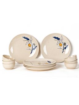 BODHI HOUSE - Feather White Handpainted 12 Pieces Dinner Set, Microwave and Dishwasher Safe