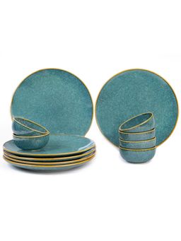 BODHI HOUSE - Ocean Green Reactive Glaze 12 Pieces Dinner Set, Microwave and Dishwasher Safe