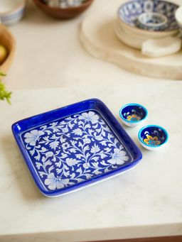 Golden Peacock - Navy Blue Floral Handpainted Blue Pottery Ceramic Trays With Set Of 2 Ceramic Bowl