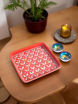 Golden Peacock - Moroccan Pattern Handpainted Blue Pottery Ceramic Trays With Set Of 2 Ceramic Bowl