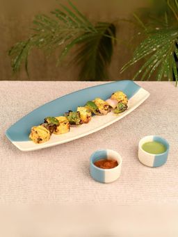 Unravel India - Ceramic "Duo-Color" Snacks Serving Platter With Dip Bowls
