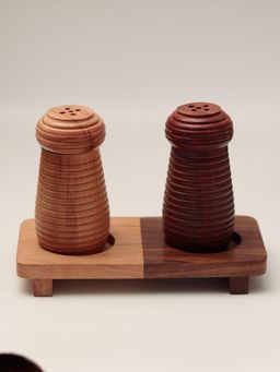 Unravel India - Ripple Wood Handcrafted Salt & Pepper Shaker With Wooden Stand