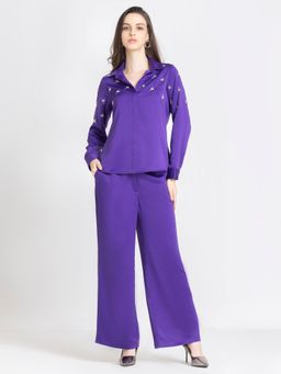 SHAYE - Purple Spread Collar Embroidered Casual Co-Ord Set For Women