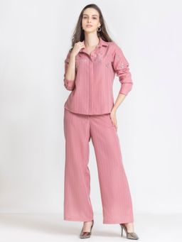 SHAYE - Pink Spread Collar Embroidered Party Co-Ord Set For Women