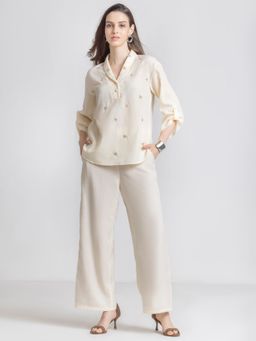 SHAYE - Ivory Shawl Collar Embroidered Casual Co-Ord Set For Women