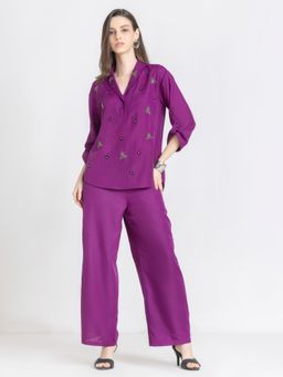 SHAYE - Purple Shawl Collar Embroidered Party Co-Ord Set For Women