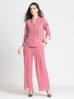 SHAYE - Pink Shawl Collar Embroidered Party Co-Ord Set For Women