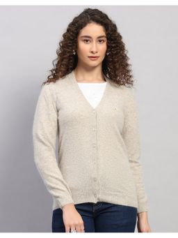 Monte Carlo - Women Regular Fit Solid V Neck Winter Beige Cardigan