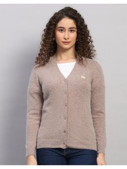 Monte Carlo - Women Regular Fit Solid V Neck Winter Tan Cardigan