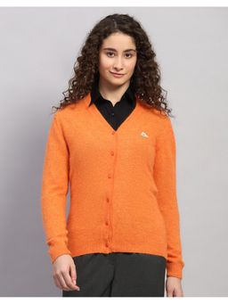 Monte Carlo - Women Regular Fit Solid V Neck Winter Orange Cardigan