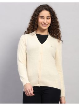 Monte Carlo - Women Regular Fit Solid V Neck Winter Cream Cardigan