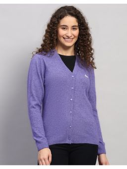 Monte Carlo - Women Regular Fit Solid V Neck Winter Purple Cardigan