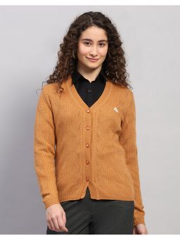 Monte Carlo - Women Regular Fit Self Designed V Neck Winter Copper Cardigan