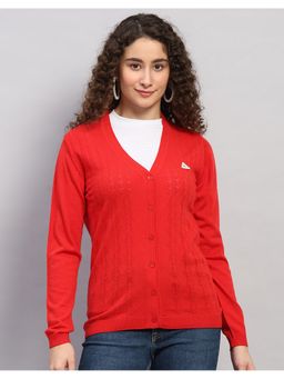 Monte Carlo - Women Regular Fit Self Designed V Neck Winter Red Cardigan