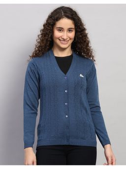 Monte Carlo - Women Regular Fit Self Designed V Neck Winter Blue Cardigan