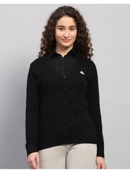 Monte Carlo - Women Regular Fit Self Designed V Neck Winter Black Cardigan