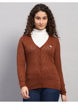 Monte Carlo - Women Regular Fit Self Designed V Neck Winter Brown Cardigan