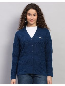 Monte Carlo - Women Regular Fit Self Designed V Neck Winter Blue Cardigan