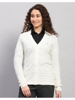 Monte Carlo - Women Regular Fit Self Designed V Neck Winter White Cardigan