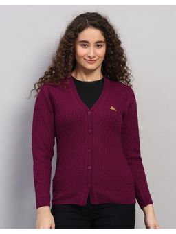 Monte Carlo - Women Regular Fit Self Designed V Neck Winter Purple Cardigan