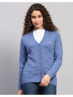 Monte Carlo - Women Regular Fit Self Designed V Neck Winter Blue Cardigan
