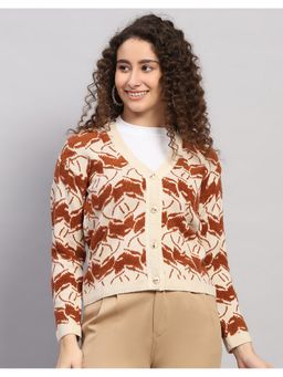 Monte Carlo - Women Regular Fit Self Designed V Neck Winter Beige Cardigan
