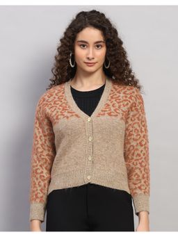 Monte Carlo - Women Regular Fit Printed V Neck Winter Tan Cardigan