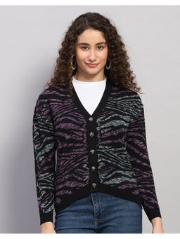 Monte Carlo - Women Regular Fit Jacquard V Neck Winter Black Cardigan