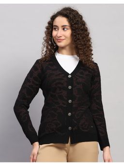 Monte Carlo - Women Regular Fit Jacquard V Neck Winter Black Cardigan