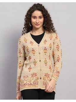 Monte Carlo - Women Regular Fit Jacquard V Neck Winter Beige Cardigan