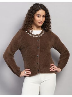 Monte Carlo - Women Regular Fit Jacquard Winter Brown Cardigan
