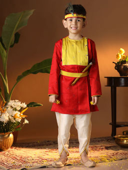 Vastramay - Infant Boys Red & Yellow Kurta Dhoti & Head Mukut with Belt (Set of 4)