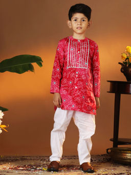 Vastramay - Infant Boys Pink & White Cotton Kurta & Pyjama (Set of 2)