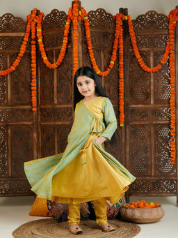 Vastramay - Infant Girls Green & Gold Angrakha Kurta & Pant (Set of 2)