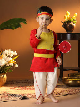 Vastramay - Infant Boys Red & Yellow Kurta Dhoti & Head Mukut with Belt (Set of 4)