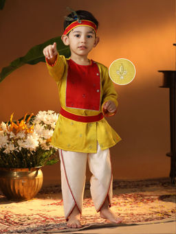 Vastramay - Infant Boys Yellow & Red Kurta Dhoti & Head Mukut with Belt (Set of 4)