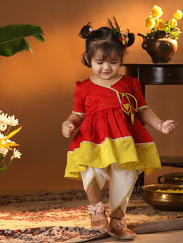 Vastramay - Infant Girls Red & Yellow Dhoti Kurta & Hair Clip (Set of 3)