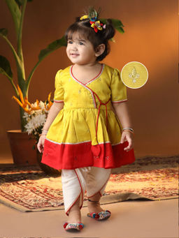 Vastramay - Infant Girls Yellow & Red Dhoti Kurta & Hair Clip (Set of 3)