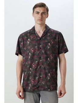 Louis Philippe - Mens Brown Slim Fit Print Half Sleeves Casual Resort Collar Shirt