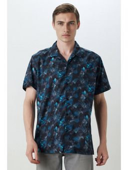 Louis Philippe - Mens Navy Slim Print Half Sleeves Casual Resort Collar Shirt