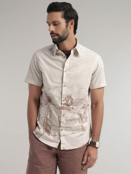 Andamen - Men Grey Half Sleeve Print Slim Shirt